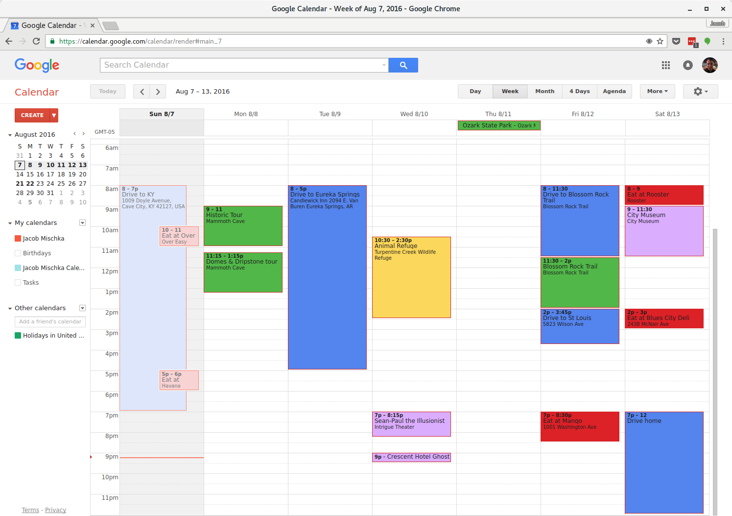 Calendar view of trip itinerary